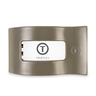 TELETIES flat rectangle hair clip in sage green with white logo label