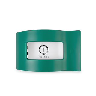 TELETIES medium flat rectangle hair clip in green with brand logo on white label