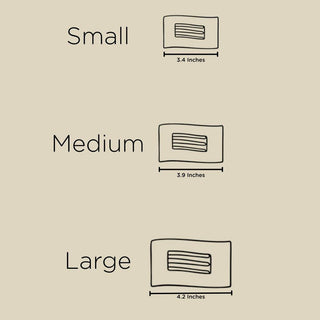 Three sizes of rectangular hair clips shown with width measurements: small, medium, and large options.