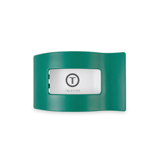 TELETIES flat rectangle hair clip in green with logo on white background