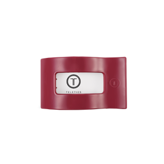 TELETIES flat rectangle hair clip in burgundy red with white logo label