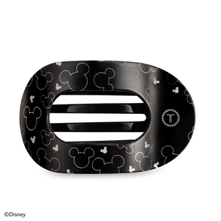 Black oval hair clip with Mickey Mouse head pattern and central opening mechanism