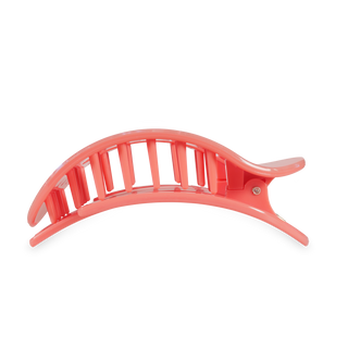 TELETIES flat round hair clip with curved design and ventilated pattern in coral pink color