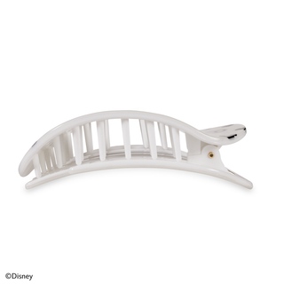 White curved hair clip with vertical slat design and decorative end detail on white background.