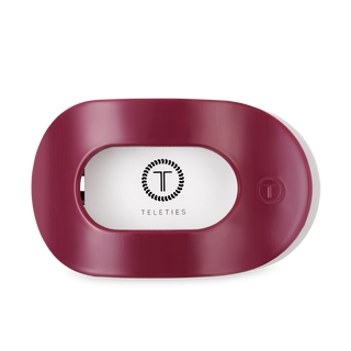 TELETIES flat round hair clip in burgundy color with white oval center logo