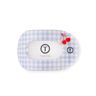 TELETIES flat round hair clip in checkered pattern with cherry design on packaging