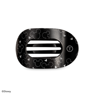 Black Disney Mickey Mouse patterned flat round hair clip with oval opening and brand logo