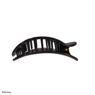 Black curved hair clip with open geometric pattern design and secure clasp mechanism.