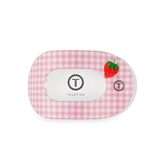 TELETIES flat round hair clip in checkered pattern with strawberry design on clear packaging