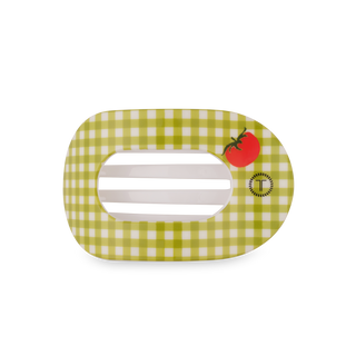 TELETIES flat round hair clip in checkered pattern with tomato design on packaging