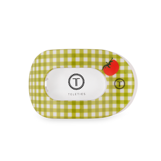 TELETIES flat round hair clip in checkered pattern with tomato design on packaging