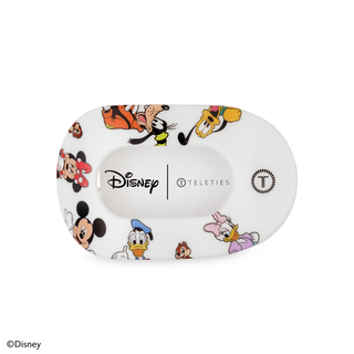 White oval hair clip featuring colorful Disney Mickey and Friends character illustrations around the border.