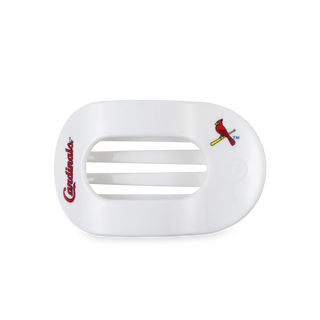 White flat round hair clip with St. Louis Cardinals logo and red team branding
