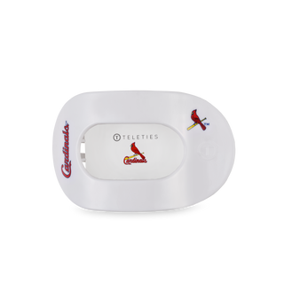 White flat round hair clip featuring St. Louis Cardinals team logo and branding