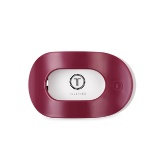 TELETIES flat round hair clip in burgundy color with brand logo on white background