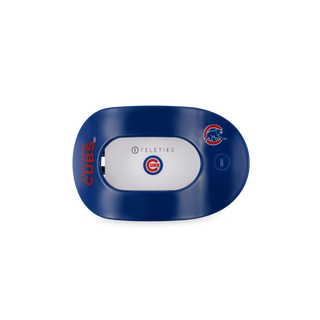 TELETIES flat round hair clip featuring Chicago Cubs team logo and branding in blue and white colors.