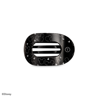 Black hair clip with white Mickey Mouse head pattern and oval shape with grip slots