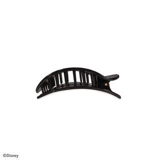 Black curved hair clip with open stripe pattern and spring clasp mechanism on white background