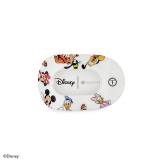 White oval hair clip featuring colorful Disney Mickey and Friends character illustrations around the border.