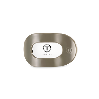 TELETIES flat round hair clip in sage green color with brand logo on white center