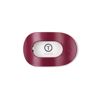 TELETIES flat round hair clip in burgundy color with brand logo on white background