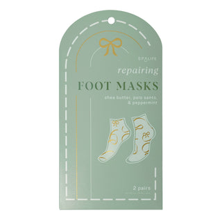 Spalife repairing foot masks package with shea butter, palo santo, and peppermint, containing 2 pairs.