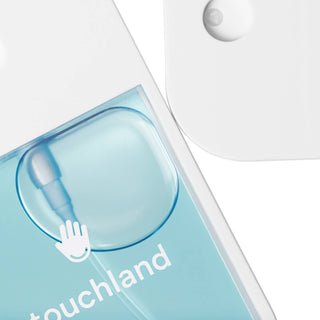 Touchland Power Mist hand sanitizer bottle with spray nozzle visible through clear blue packaging.