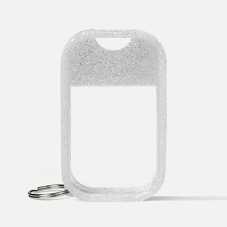 Glitter-infused translucent silicone hand sanitizer holder with keyring attachment and open front window.