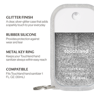 Touchland glitter silicone hand sanitizer case with metal key ring attachment and spray bottle inside.