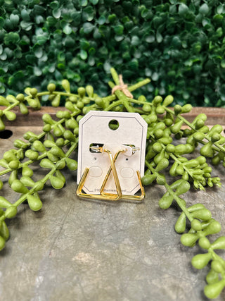 Gold geometric triangle hoop earrings on display card surrounded by green succulent plants on wooden surface.