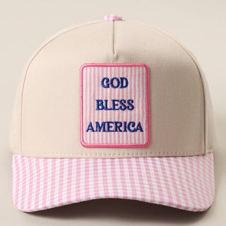 Fashion City embroidered "God Bless America" patch trucker hat with gingham patterned brim.