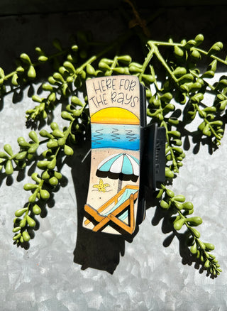 Handmade hair clip with beach scene illustration featuring umbrella, chair, and "Here for the Bays" text