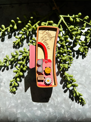 Handmade large hair clip in decorative wooden gift box with floral design and handle