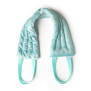Heated neck wrap with soft fabric cover and adjustable straps on white background