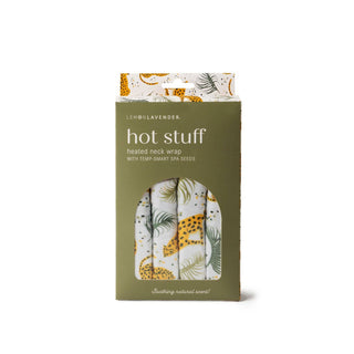 Lemon Lavender heated neck wrap with leopard and palm leaf pattern in olive green packaging box