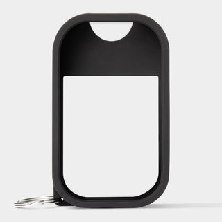 Silicone hand sanitizer spray case with keychain ring and clear front window.