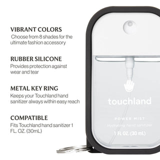 Touchland hand sanitizer silicone case with metal key ring attachment on Power Mist bottle.