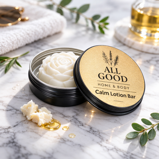 All Good Home & Body Calm Lotion Bar in open black tin with rose-shaped bar on marble surface.