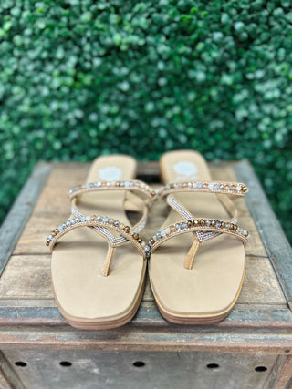 Elegant beaded flip-flop sandals with rhinestone embellishments displayed on wooden surface with greenery background.