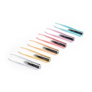 Six colorful light-up tweezers with metallic tips arranged in a row on white background