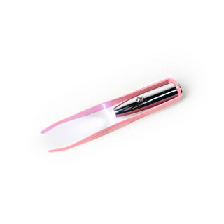 Pink light-up tweezer with LED illumination and chrome metal tips on white background