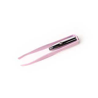 Pink tweezers with chrome metallic detail and built-in LED light for precision grooming