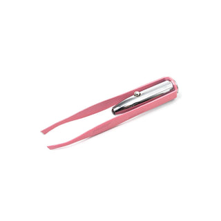 Pink light-up tweezers with metallic tips and built-in LED illumination for precision grooming