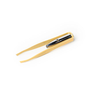Gold-colored tweezers with built-in LED light and precision tips on white background
