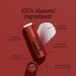 Poppy & Pout lip balm tube with natural ingredients labeled including coconut oil, beeswax, and vitamin E.