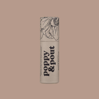 Poppy & Pout lip balm tube with floral design cap on neutral background