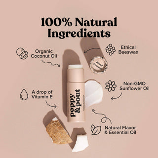 Poppy & Pout lip balm with 100% natural ingredients including coconut oil, beeswax, and vitamin E displayed with coconut p...