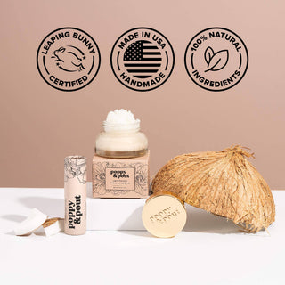 Poppy & Pout coconut lip balm products displayed with whole coconut and certification badges for natural ingredients.