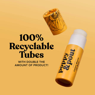 Poppy & Pout lip balm tubes with floral design showcasing 100% recyclable packaging on orange background