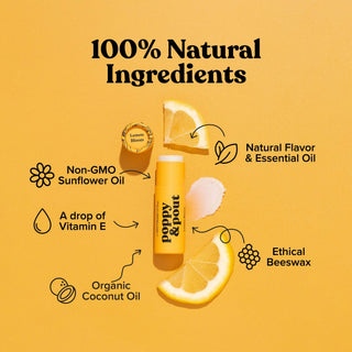 Poppy & Pout lip balm tube surrounded by natural ingredients including lemon slices, coconut oil, and beeswax on yellow ba...